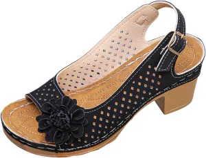Womens Sandals Hollow Out Flower Decoration Chunky Heel Wedge Sandal Classic Casual Shoes Beach Vacation Walking Shoes Open Toe Sandal with Adjustable Hoop and Loop