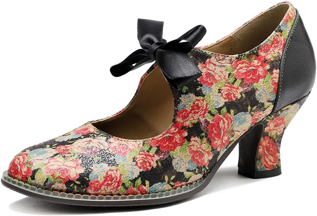 Womens Sandals Retro Ethnic Handmade Printed boot with Western Style Round Toe Wine glass heel Bow decoration