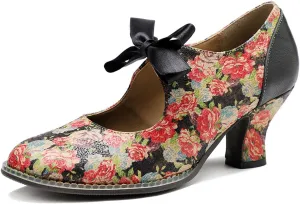 Womens Sandals Retro Ethnic Handmade Printed boot with Western Style Round Toe Wine glass heel Bow decoration
