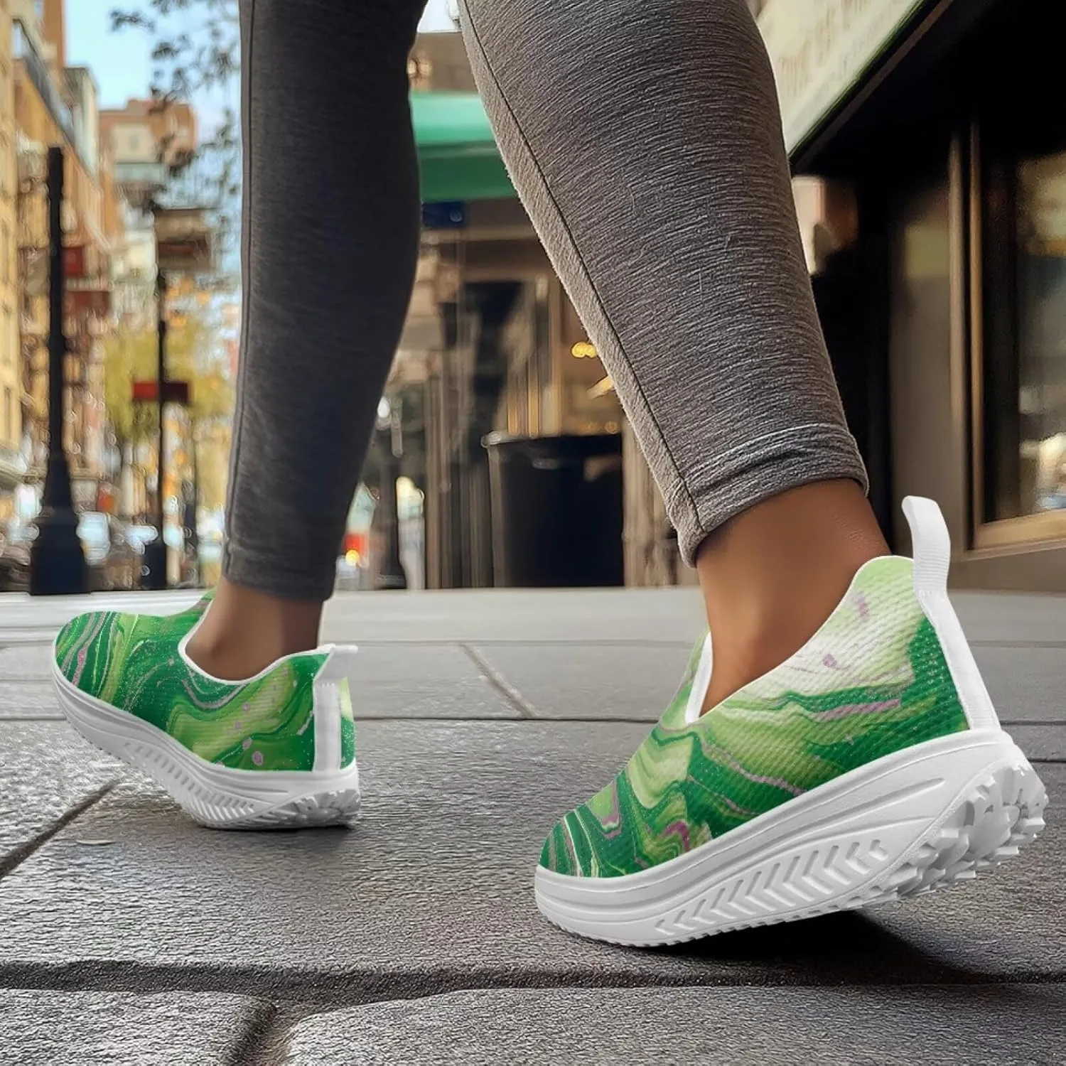 Womens Shoes Wedge Rocker Bottom Anti Slip Walking Lightweight Casual Sneakers Marble Print Slip Resistant