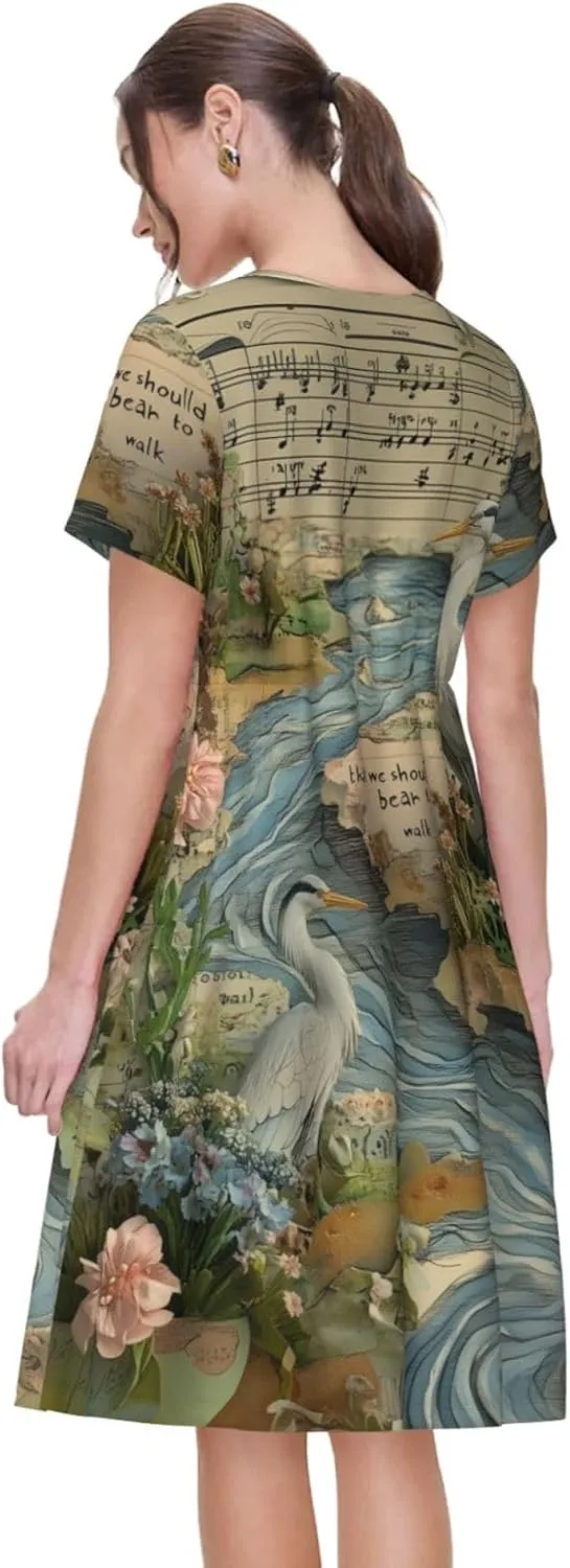 Women's Short Sleeve Round Neck Musical Notes Print A-Line Summer Casual Dress with Pockets,