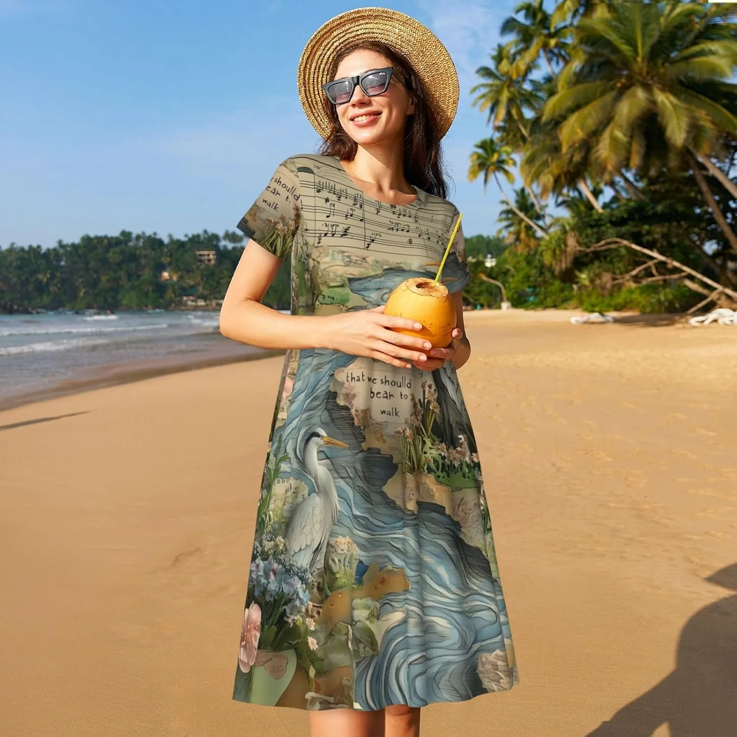 Women's Short Sleeve Round Neck Musical Notes Print A-Line Summer Casual Dress with Pockets,