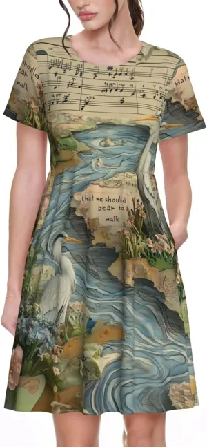 Women's Short Sleeve Round Neck Musical Notes Print A-Line Summer Casual Dress with Pockets,