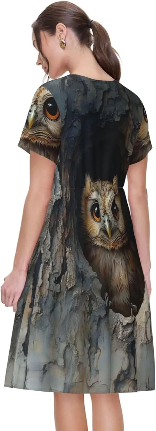 Women's Short Sleeve Round Neck Musical Notes Print A-Line Summer Casual Dress with Pockets,