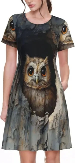 Women's Short Sleeve Round Neck Musical Notes Print A-Line Summer Casual Dress with Pockets,