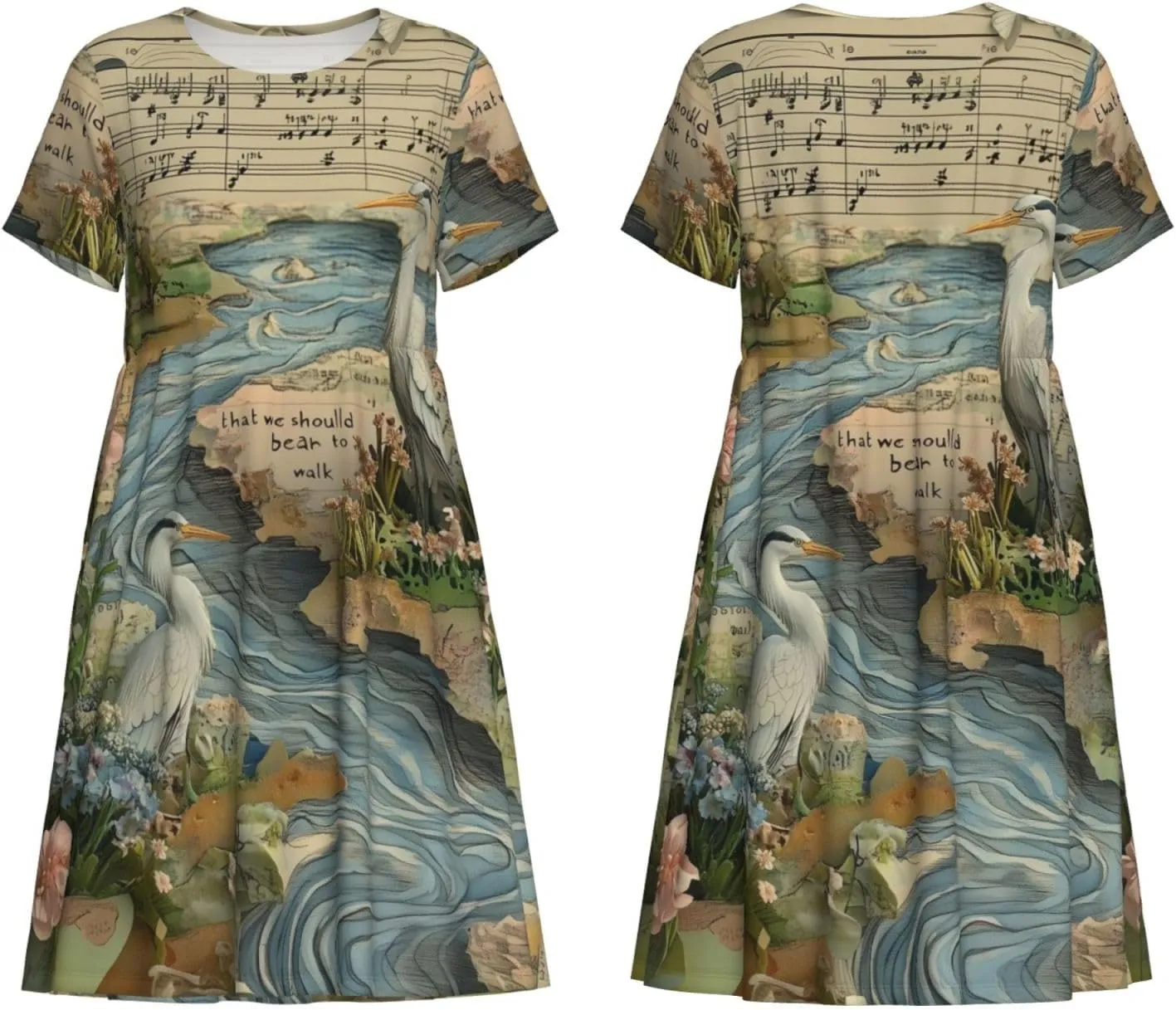 Women's Short Sleeve Round Neck Musical Notes Print A-Line Summer Casual Dress with Pockets,