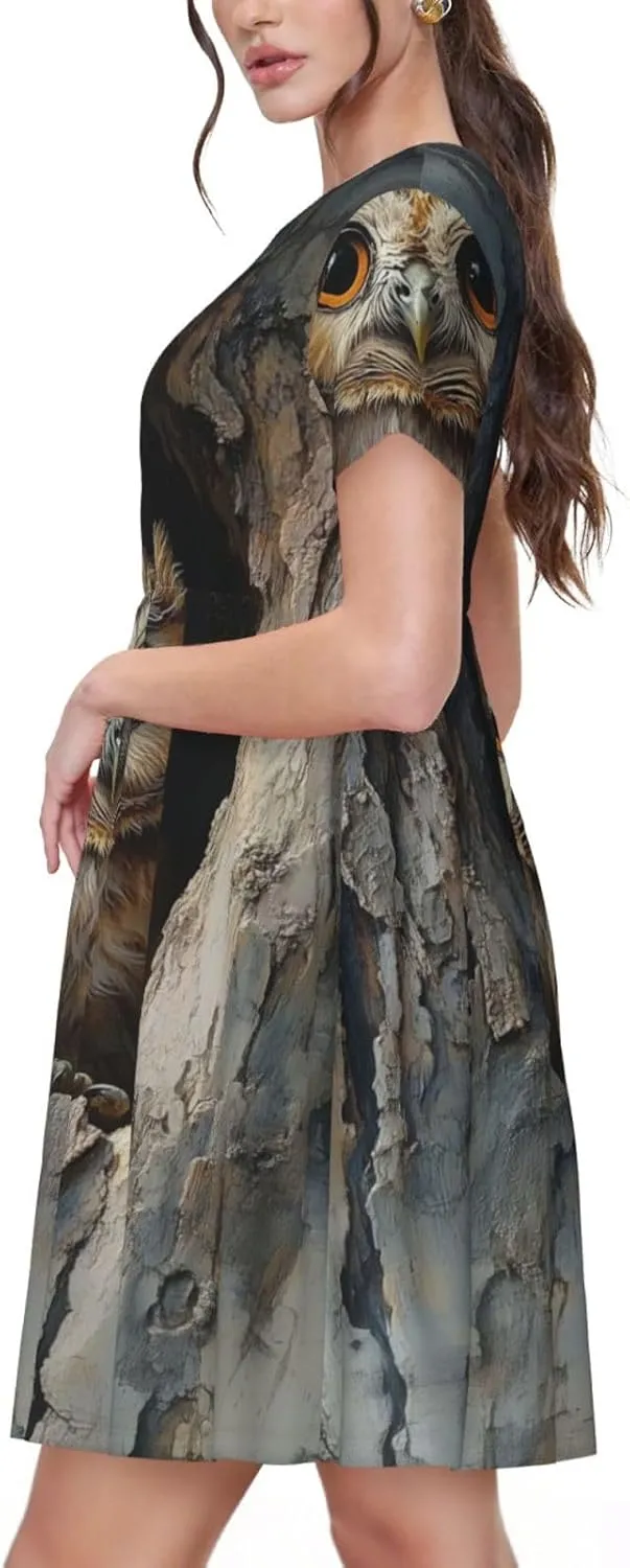 Women's Short Sleeve Round Neck Musical Notes Print A-Line Summer Casual Dress with Pockets,