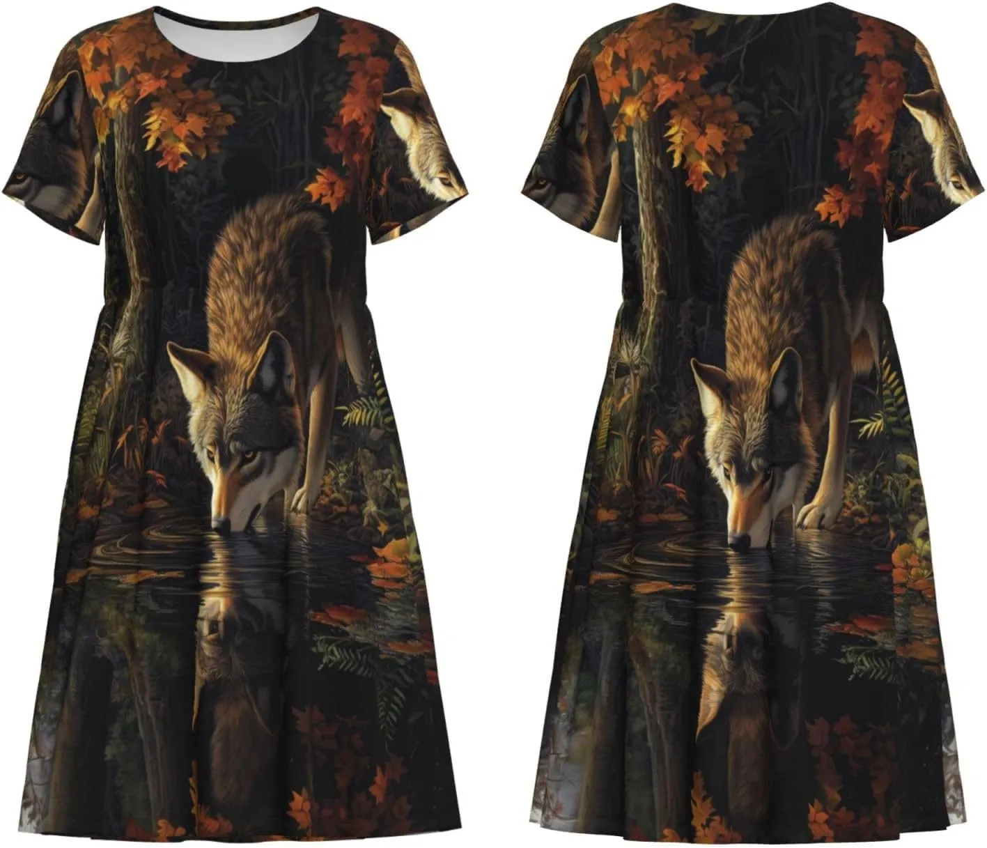 Women's Short Sleeve Round Neck Two Cute red Birds Print A-Line Summer Casual Dress with Pockets,