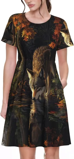 Women's Short Sleeve Round Neck Two Cute red Birds Print A-Line Summer Casual Dress with Pockets,
