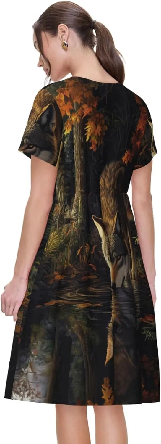 Women's Short Sleeve Round Neck Two Cute red Birds Print A-Line Summer Casual Dress with Pockets,