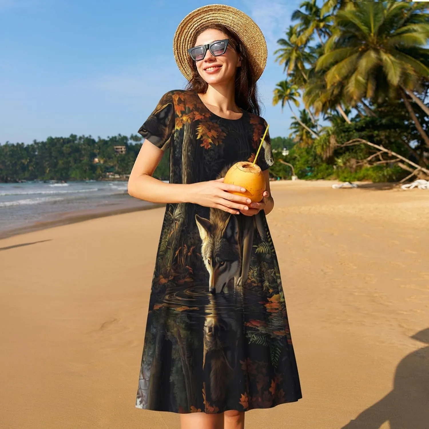 Women's Short Sleeve Round Neck Two Cute red Birds Print A-Line Summer Casual Dress with Pockets,