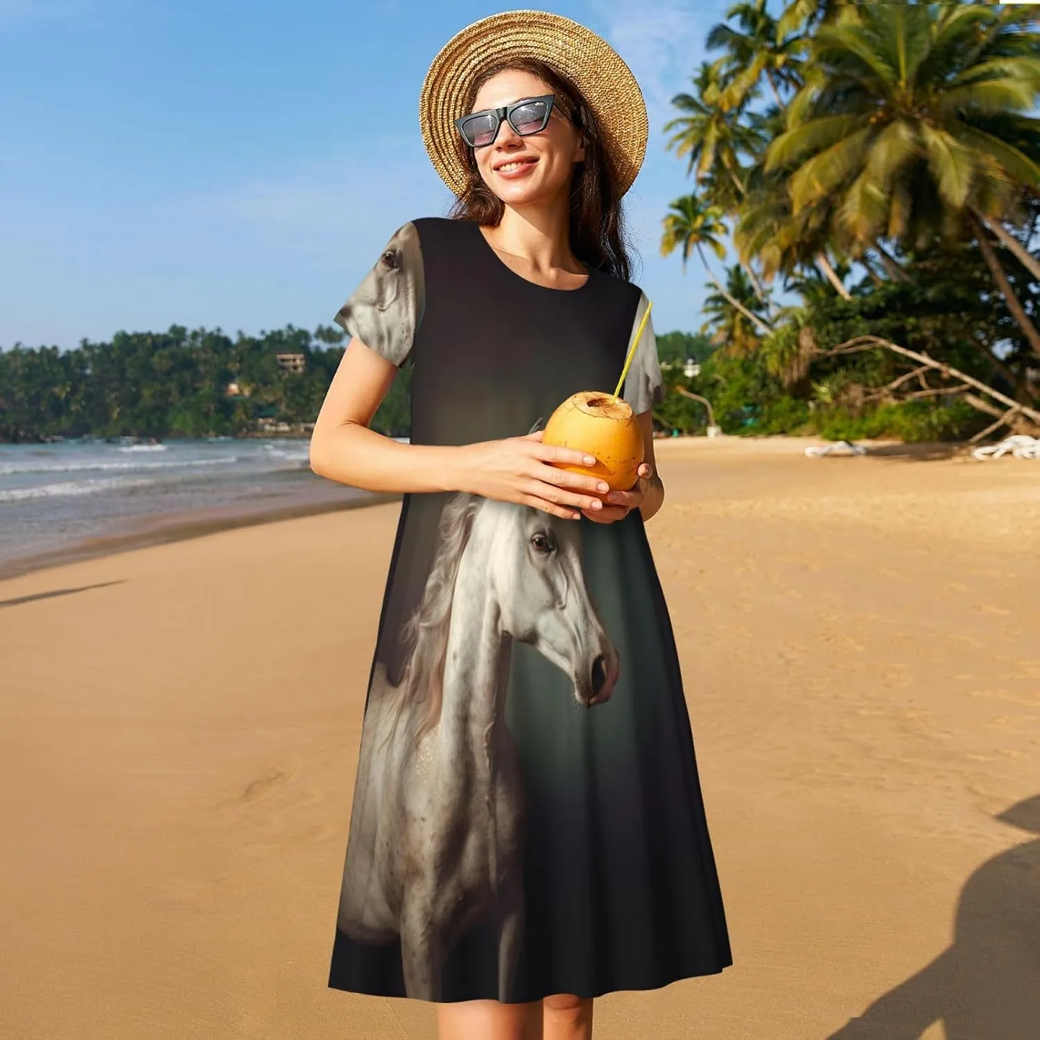 Women's Short Sleeve Round Neck Two Cute red Birds Print A-Line Summer Casual Dress with Pockets,