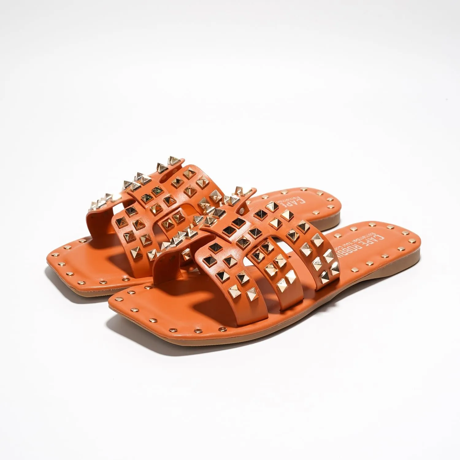 Women's Slide Sandals with Gold Spike Studded Design - Open-Toe Summer Slides for Women, Slip-On Comfortable Sandals for Casual Beach, Pool, or Outfits | Lightweight Trendy Footwear (Amisha)