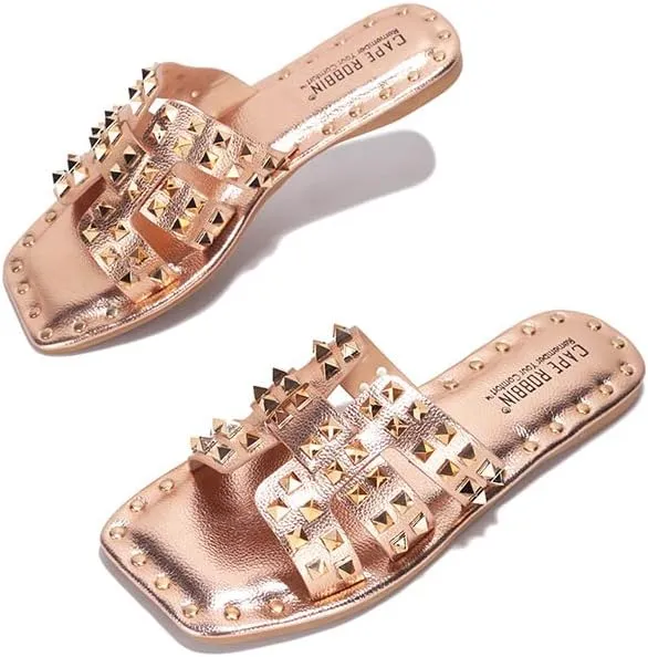 Women's Slide Sandals with Gold Spike Studded Design - Open-Toe Summer Slides for Women, Slip-On Comfortable Sandals for Casual Beach, Pool, or Outfits | Lightweight Trendy Footwear (Amisha)