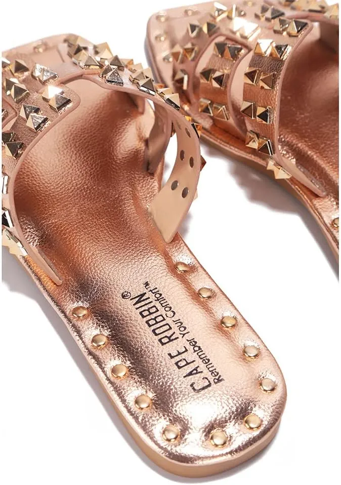 Women's Slide Sandals with Gold Spike Studded Design - Open-Toe Summer Slides for Women, Slip-On Comfortable Sandals for Casual Beach, Pool, or Outfits | Lightweight Trendy Footwear (Amisha)