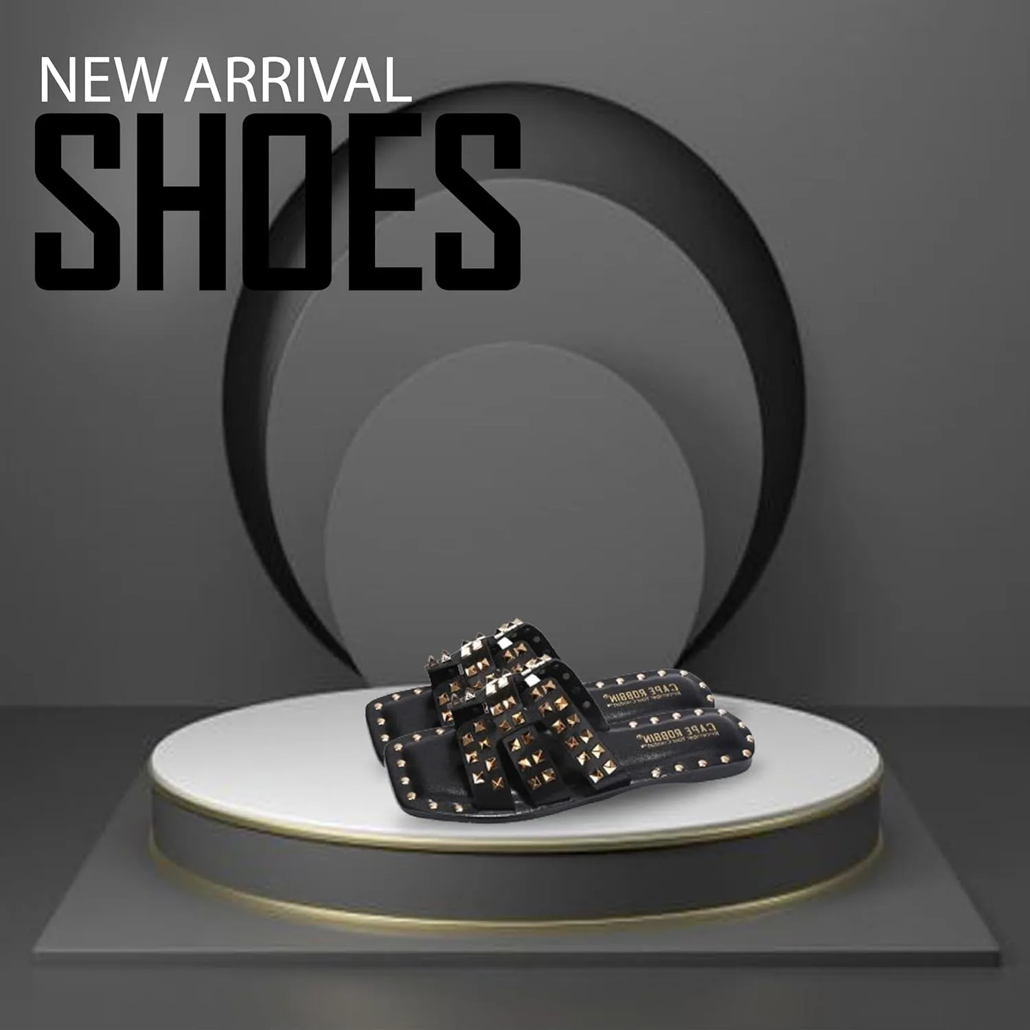 Women's Slide Sandals with Gold Spike Studded Design - Open-Toe Summer Slides for Women, Slip-On Comfortable Sandals for Casual Beach, Pool, or Outfits | Lightweight Trendy Footwear (Amisha)