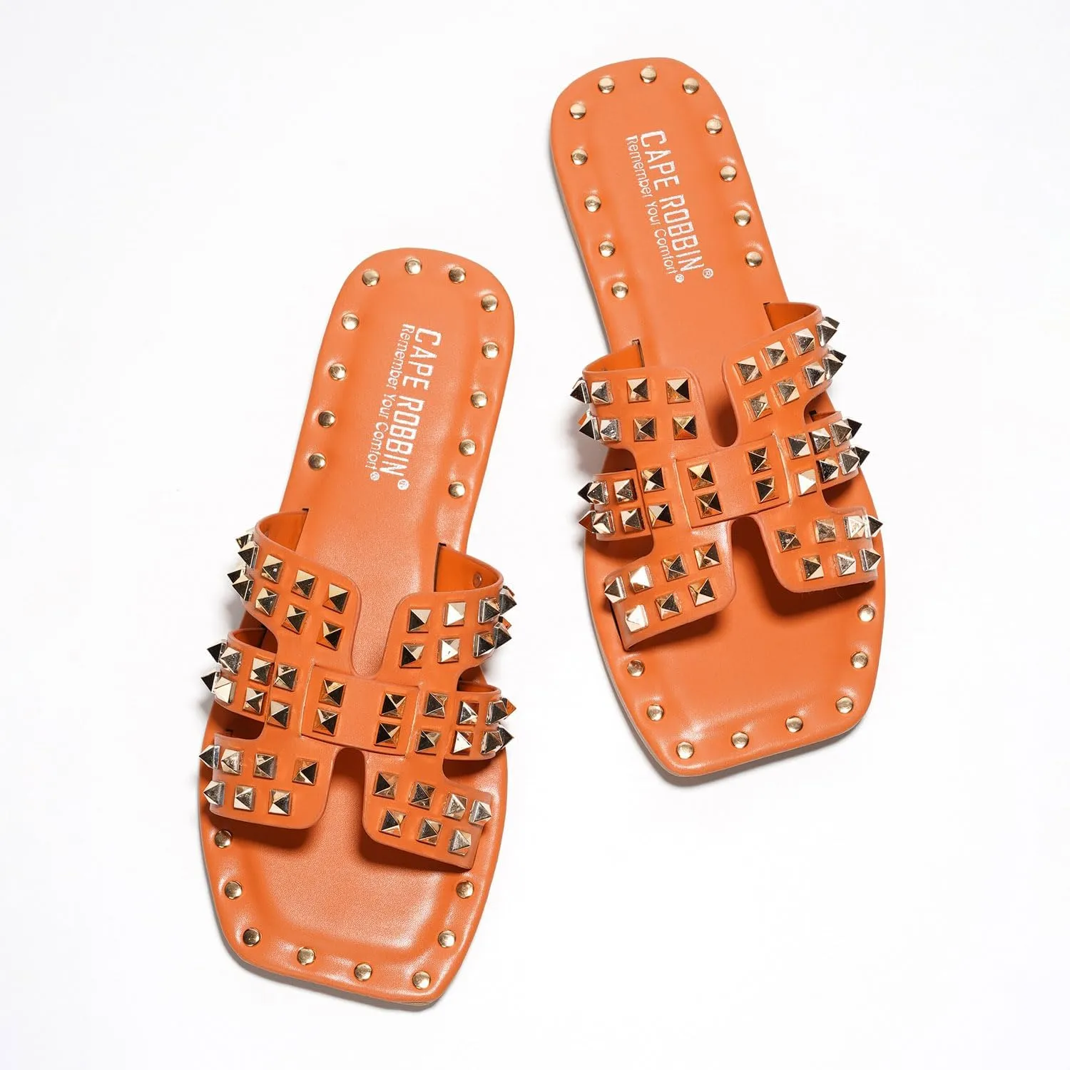 Women's Slide Sandals with Gold Spike Studded Design - Open-Toe Summer Slides for Women, Slip-On Comfortable Sandals for Casual Beach, Pool, or Outfits | Lightweight Trendy Footwear (Amisha)