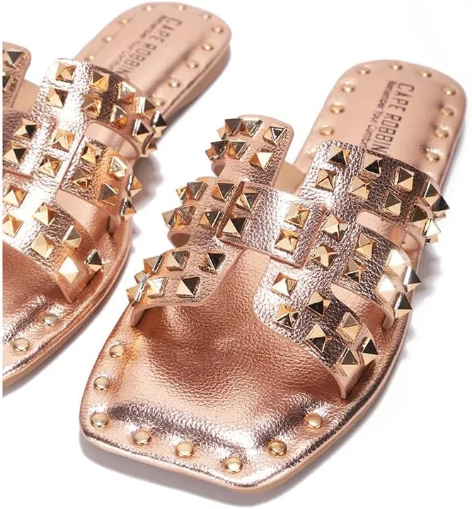 Women's Slide Sandals with Gold Spike Studded Design - Open-Toe Summer Slides for Women, Slip-On Comfortable Sandals for Casual Beach, Pool, or Outfits | Lightweight Trendy Footwear (Amisha)