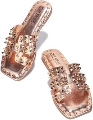 Women's Slide Sandals with Gold Spike Studded Design - Open-Toe Summer Slides for Women, Slip-On Comfortable Sandals for Casual Beach, Pool, or Outfits | Lightweight Trendy Footwear (Amisha)