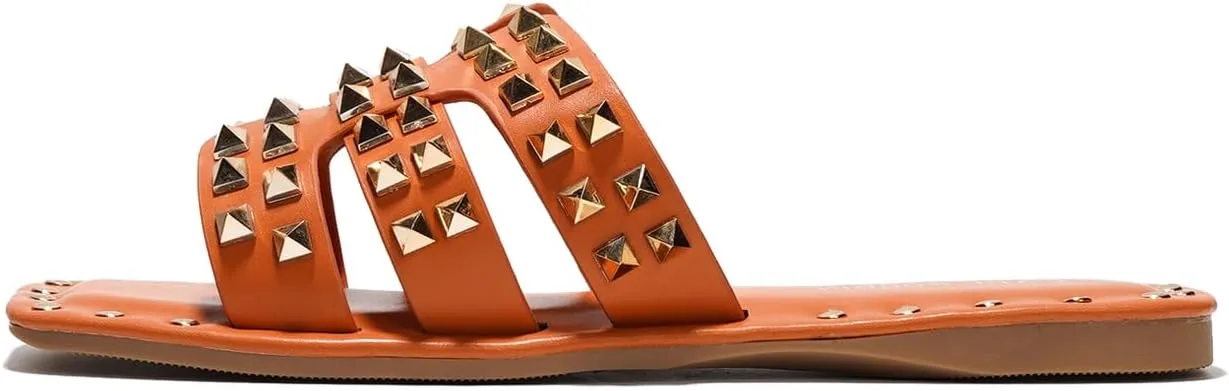 Women's Slide Sandals with Gold Spike Studded Design - Open-Toe Summer Slides for Women, Slip-On Comfortable Sandals for Casual Beach, Pool, or Outfits | Lightweight Trendy Footwear (Amisha)