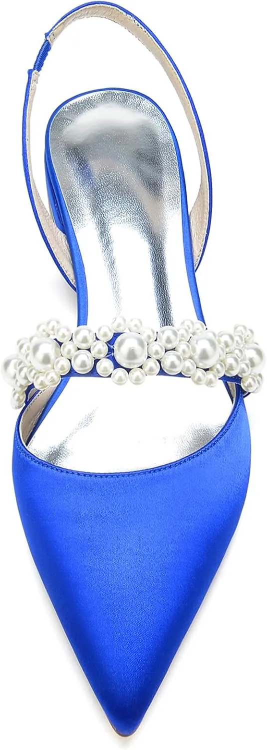Women's Slingback Satin Wedding Flats Pearls Bridal Shoes Pointed Toe Prom Evening Bridal Party Dress Flats
