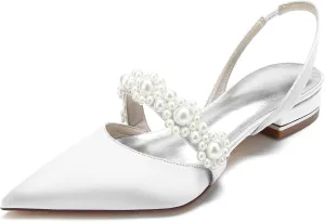 Women's Slingback Satin Wedding Flats Pearls Bridal Shoes Pointed Toe Prom Evening Bridal Party Dress Flats