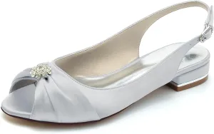 Womens Slip On Wedding Dress Shoes Peep Toe Low Heel Bridal Shoes Slingback Sandals Satin Evenging Party Work Flat Rhinestone Sling Back Sandals