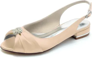 Womens Slip On Wedding Dress Shoes Peep Toe Low Heel Bridal Shoes Slingback Sandals Satin Evenging Party Work Flat Rhinestone Sling Back Sandals