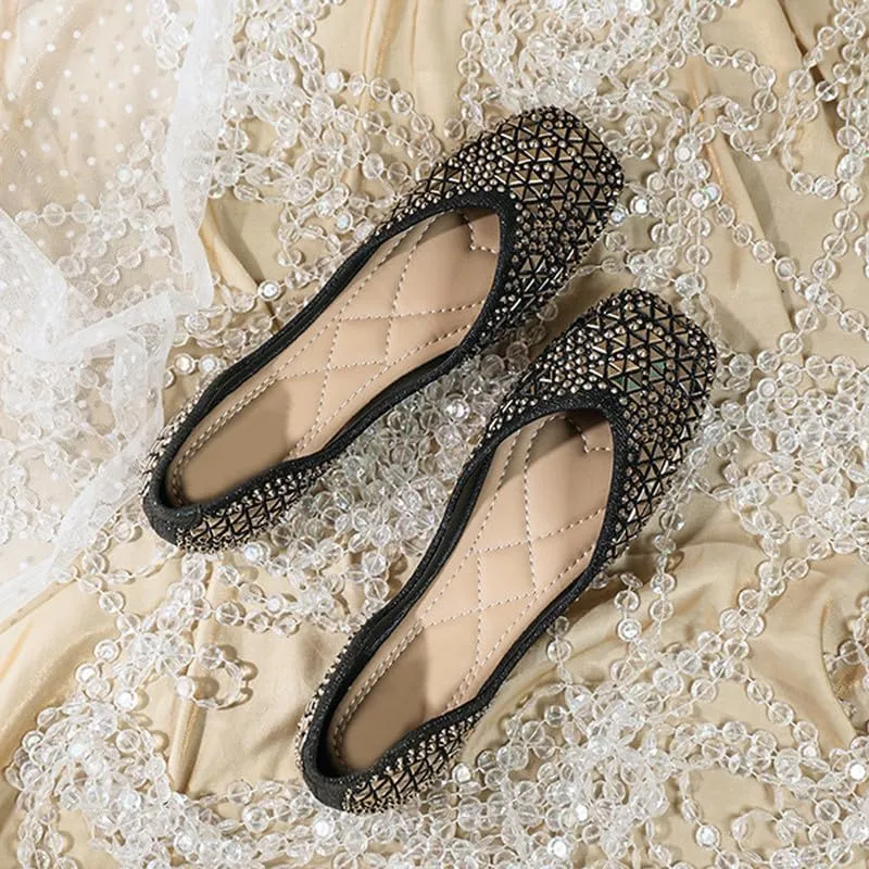 Women's Sparkly Flats Dress Shoes Wedding Low Wedges Square Toe Rhinestone Ballet Flats with Bow