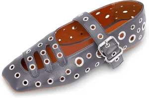 Women's Square Toe Ballet Flats Studded Metal Eyelet Perforated Hollow Out Buckle Mary Janes Shoes