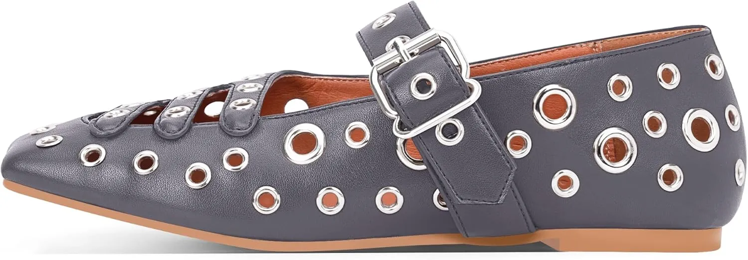 Women's Square Toe Ballet Flats Studded Metal Eyelet Perforated Hollow Out Buckle Mary Janes Shoes