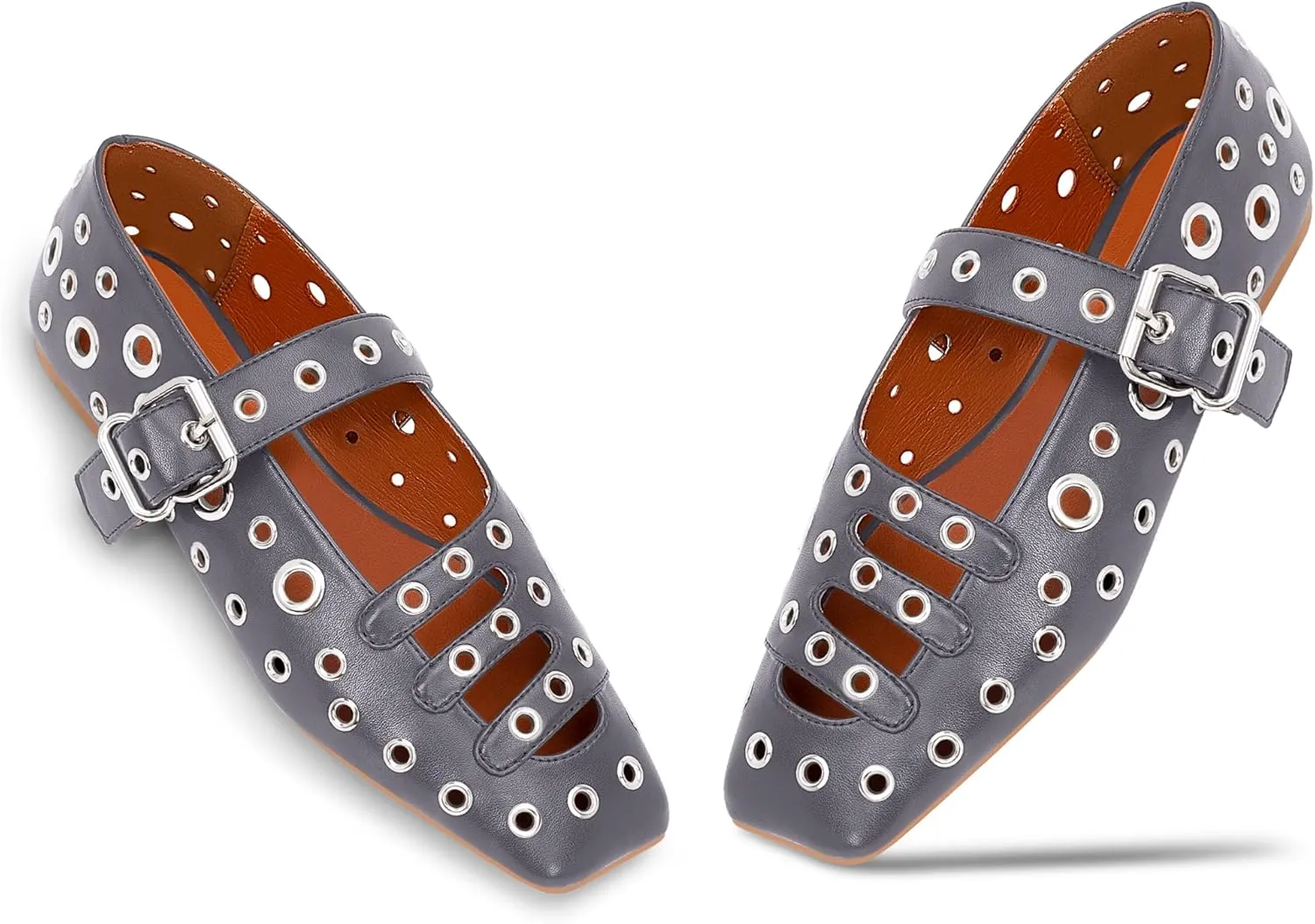 Women's Square Toe Ballet Flats Studded Metal Eyelet Perforated Hollow Out Buckle Mary Janes Shoes