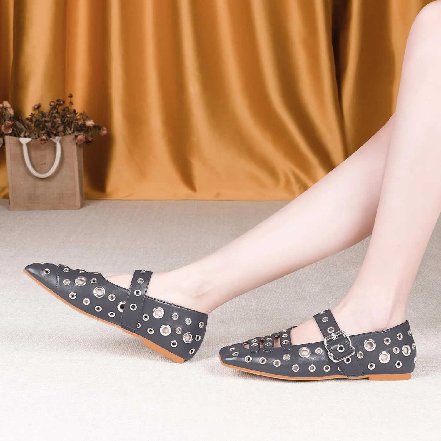 Women's Square Toe Ballet Flats Studded Metal Eyelet Perforated Hollow Out Buckle Mary Janes Shoes
