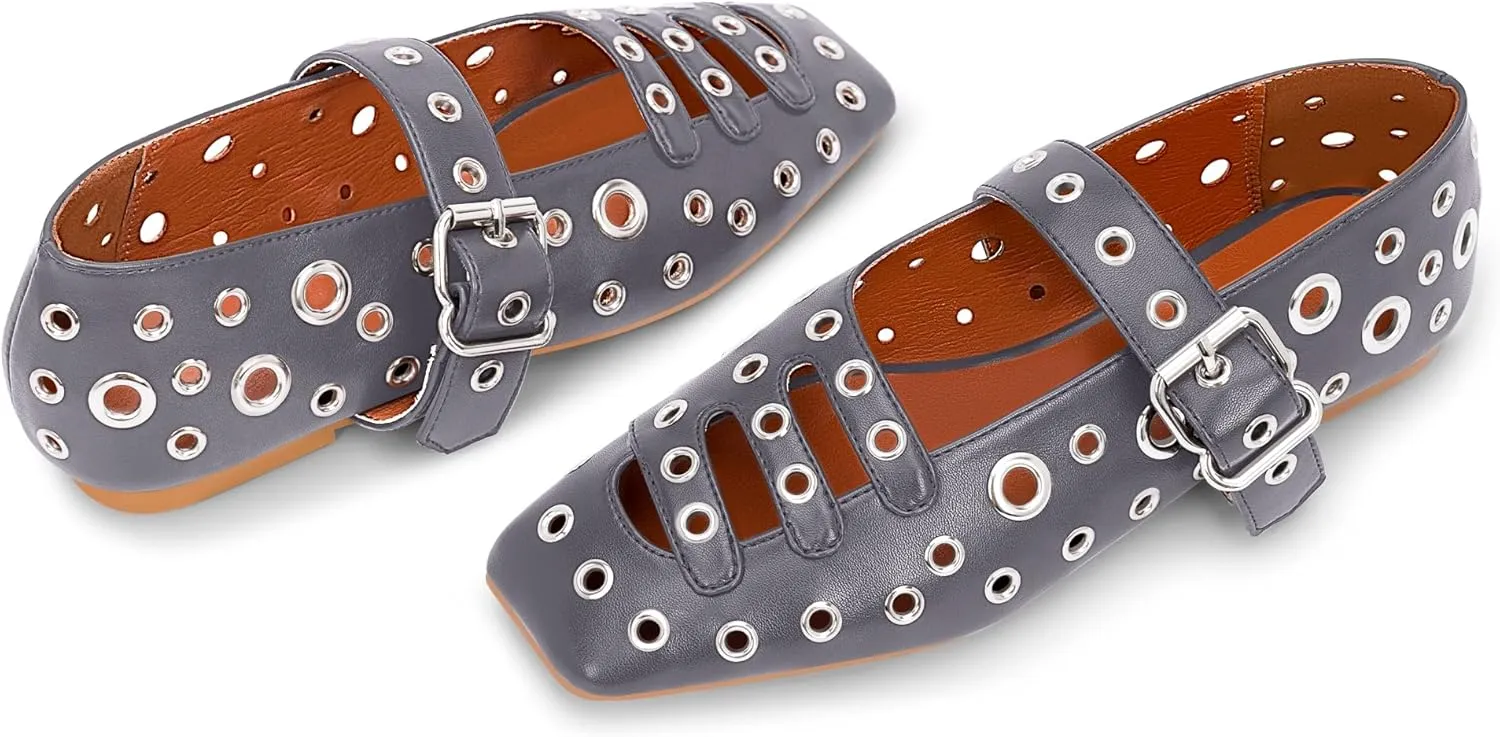 Women's Square Toe Ballet Flats Studded Metal Eyelet Perforated Hollow Out Buckle Mary Janes Shoes