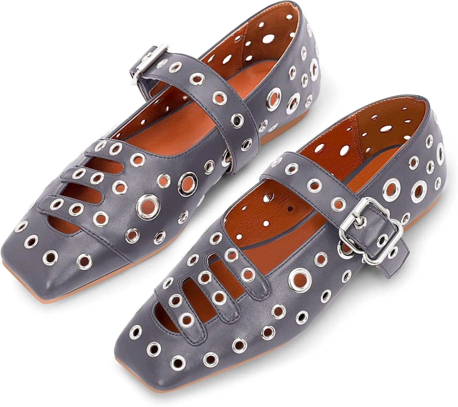 Women's Square Toe Ballet Flats Studded Metal Eyelet Perforated Hollow Out Buckle Mary Janes Shoes