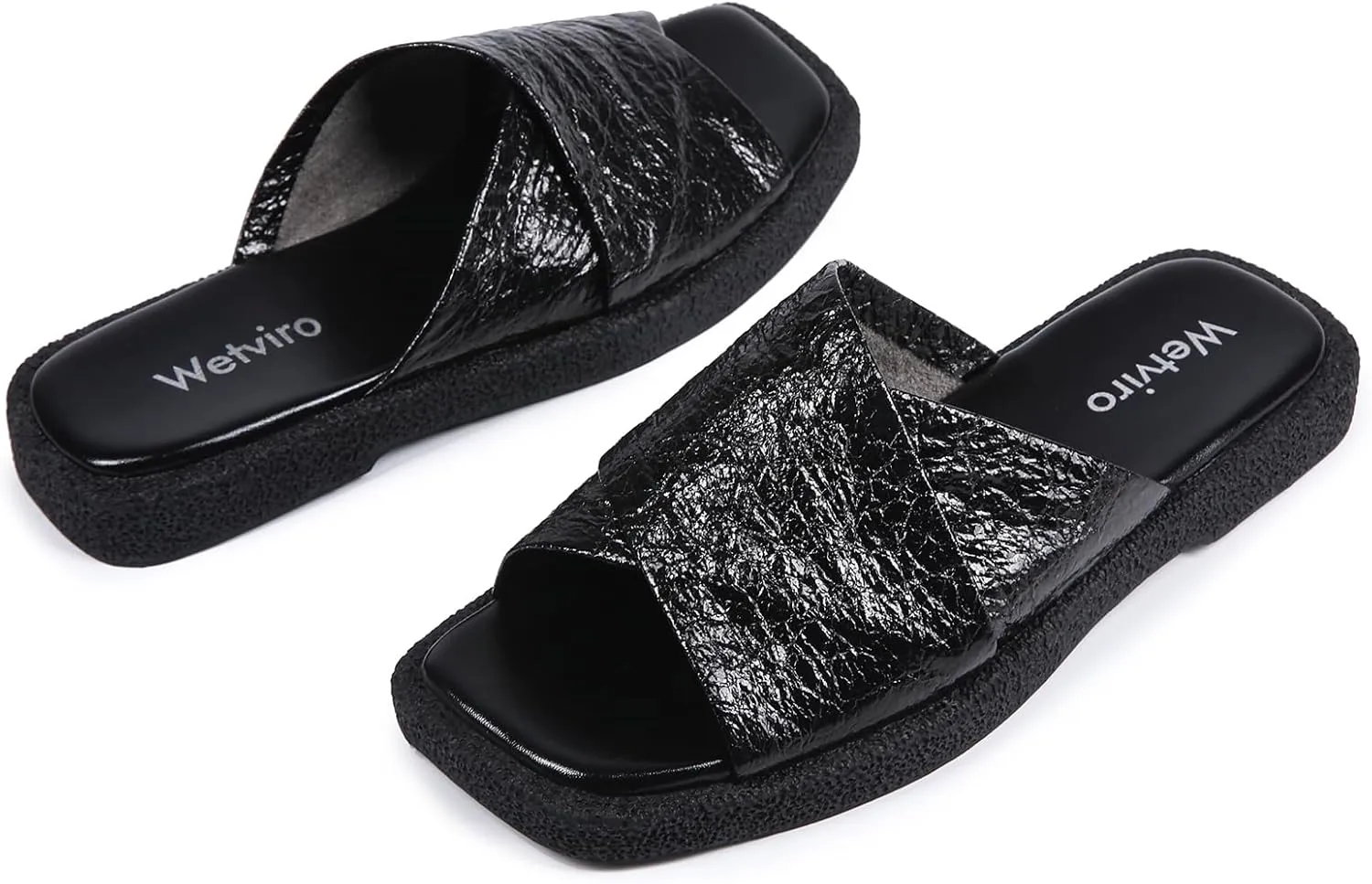 Women's Square Toe Slip On Flats Sandal Fashion Comfortable Slide Sandals