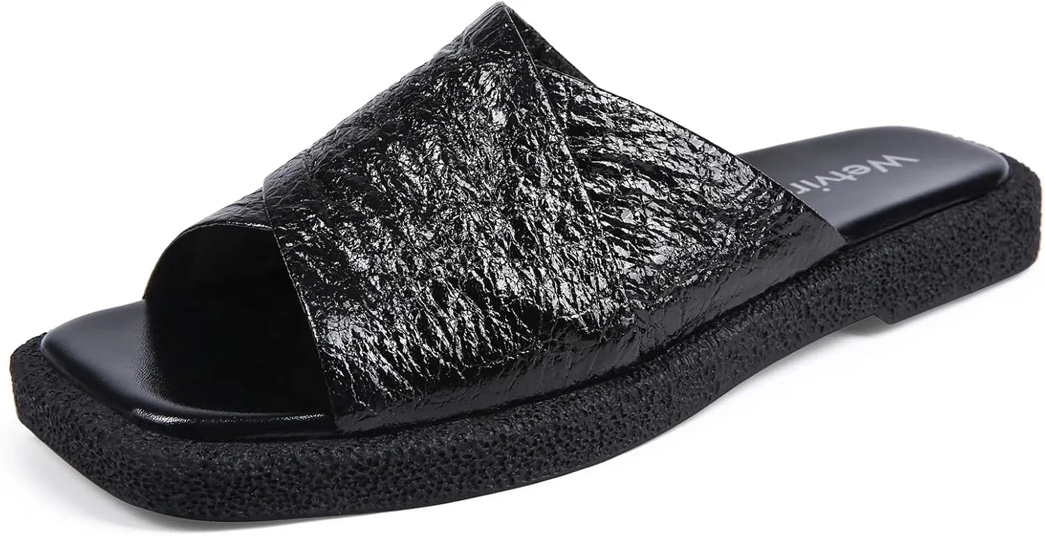 Women's Square Toe Slip On Flats Sandal Fashion Comfortable Slide Sandals
