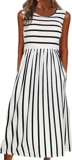Women's Stripes A-Line Midi Dress Summer Elegant Sleeveless Casual Beach Party Sundress with Pockets