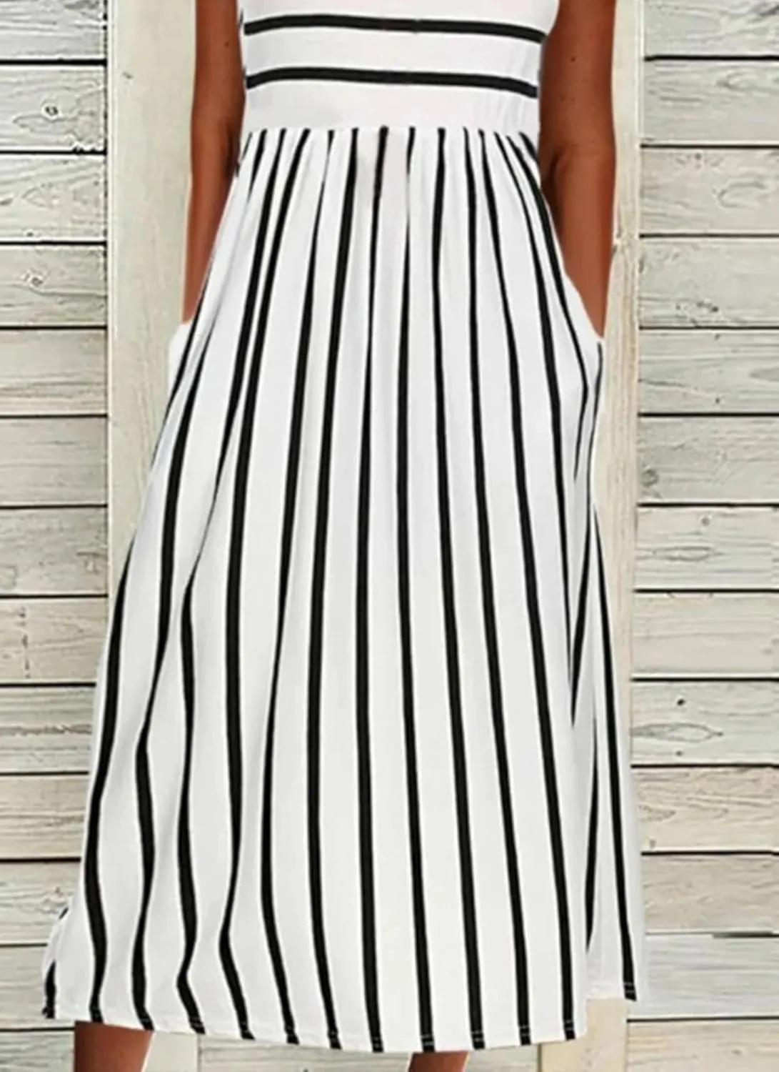 Women's Stripes A-Line Midi Dress Summer Elegant Sleeveless Casual Beach Party Sundress with Pockets