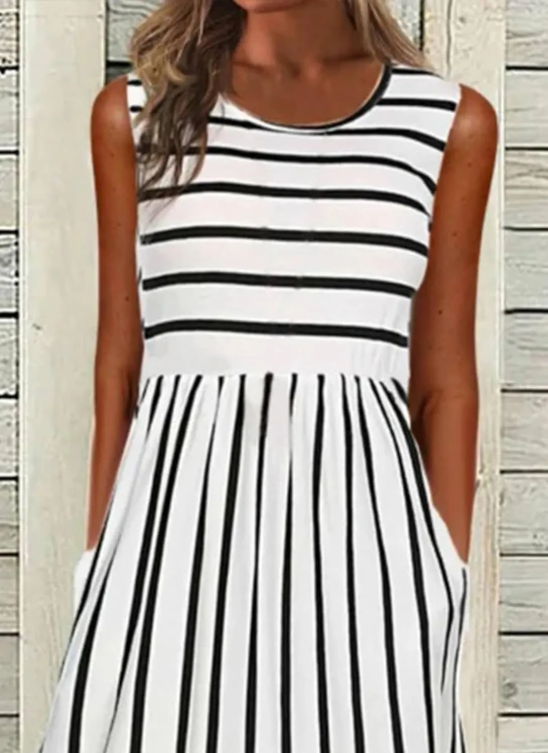 Women's Stripes A-Line Midi Dress Summer Elegant Sleeveless Casual Beach Party Sundress with Pockets