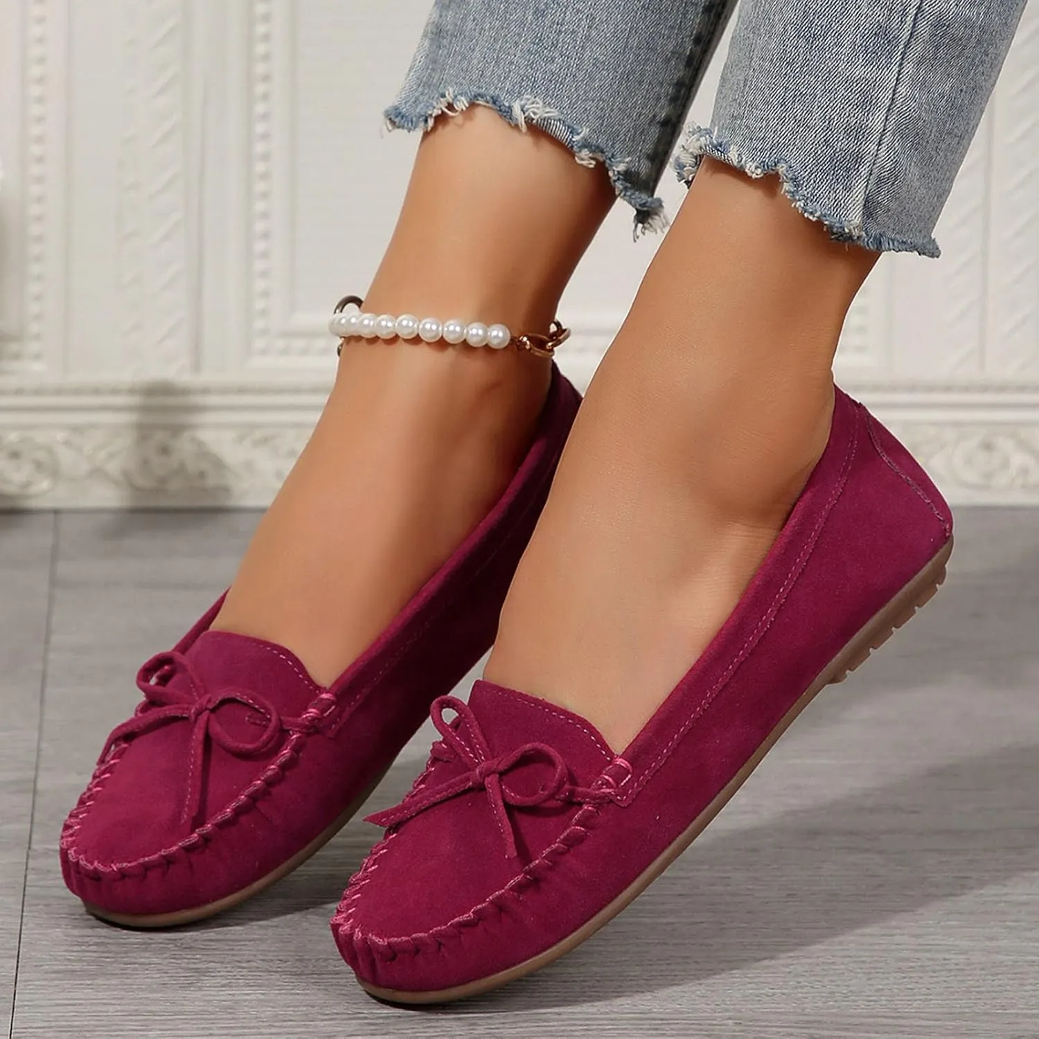 Women's Suede Casual Penny Loafers Vintage Ladies Moccasins Driving Shoes Comfort Slip-On Fashion Boat Classic Flats