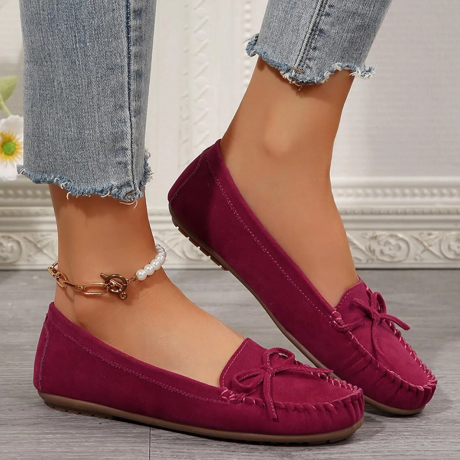 Women's Suede Casual Penny Loafers Vintage Ladies Moccasins Driving Shoes Comfort Slip-On Fashion Boat Classic Flats