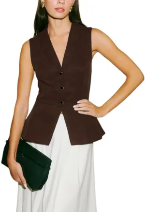 Womens Suede Leather Waistcoat Lapel Collar Sleeveless 3 Button Work Office Suit Vests