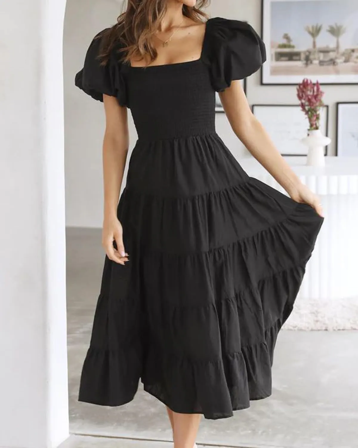 Women's Summer Floral Off Shoulder Dress Square Neck Puff Sleeve Midi Dress High Waist Flowy A Line Beach Party Dress