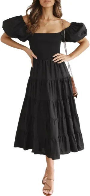 Women's Summer Floral Off Shoulder Dress Square Neck Puff Sleeve Midi Dress High Waist Flowy A Line Beach Party Dress