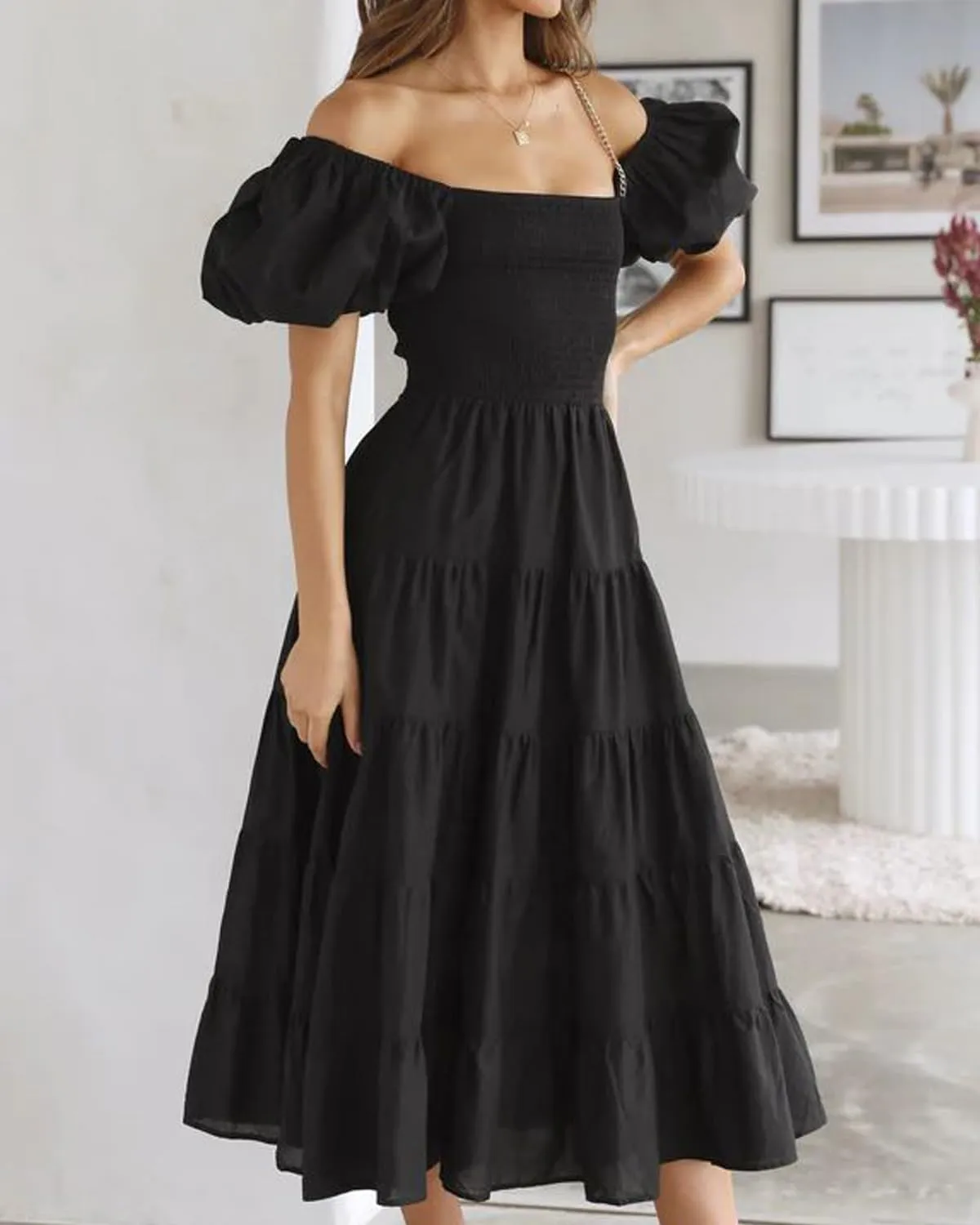 Women's Summer Floral Off Shoulder Dress Square Neck Puff Sleeve Midi Dress High Waist Flowy A Line Beach Party Dress