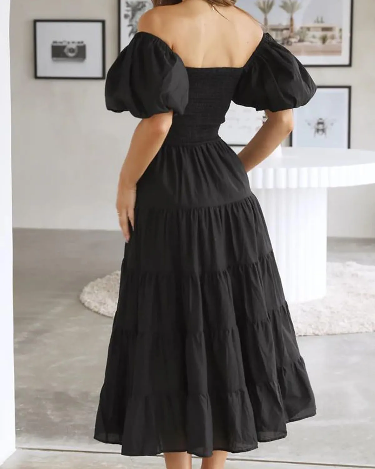Women's Summer Floral Off Shoulder Dress Square Neck Puff Sleeve Midi Dress High Waist Flowy A Line Beach Party Dress