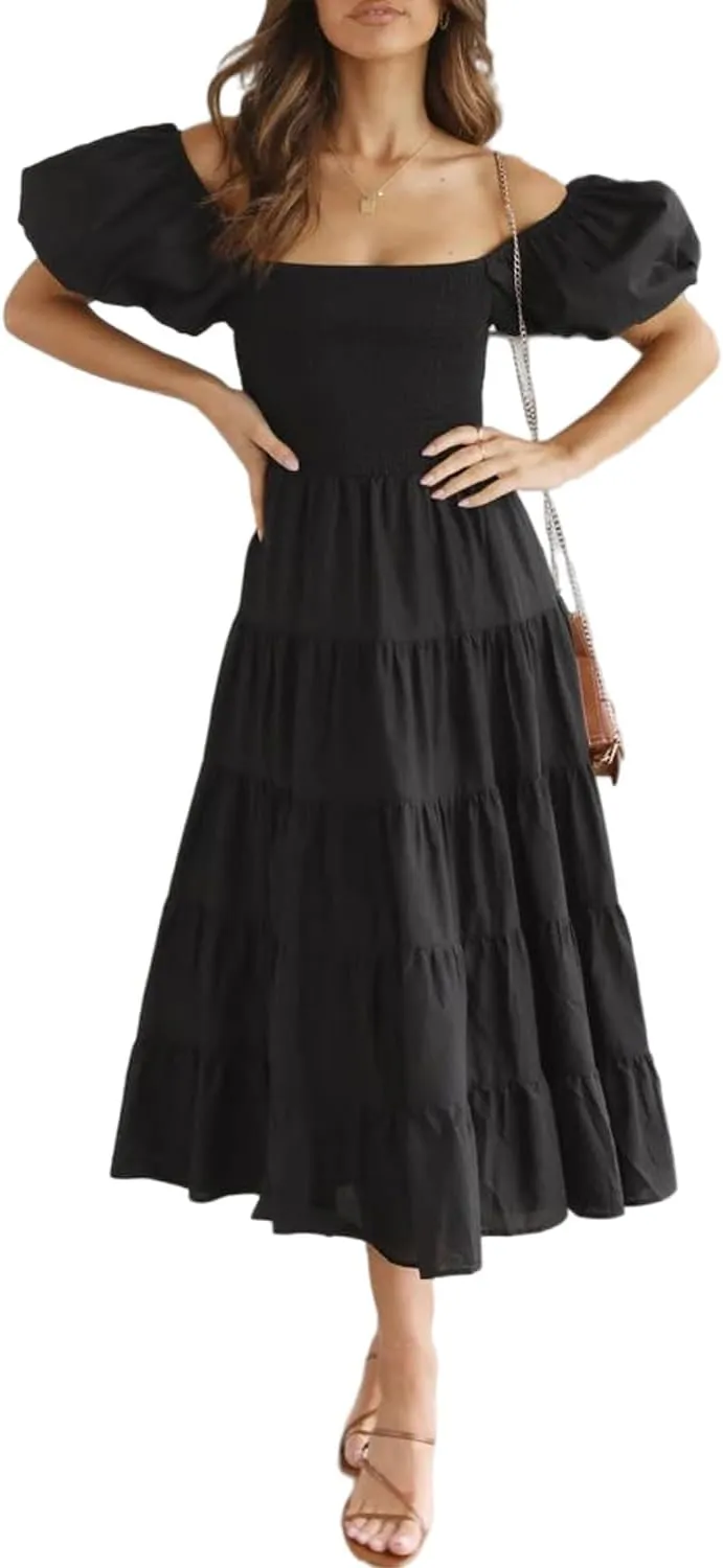 Women's Summer Floral Off Shoulder Dress Square Neck Puff Sleeve Midi Dress High Waist Flowy A Line Beach Party Dress