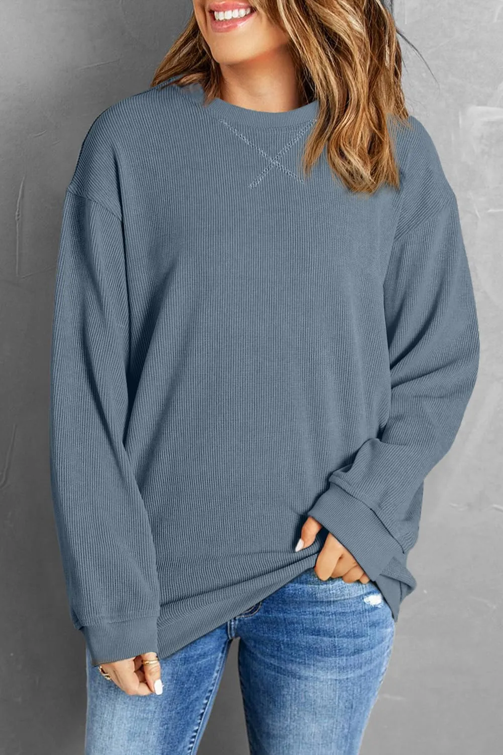 Womens Sweatshirts Casual Cored Corduroy Pullover Tops Oversized Long Sleeve Crewneck Shirts
