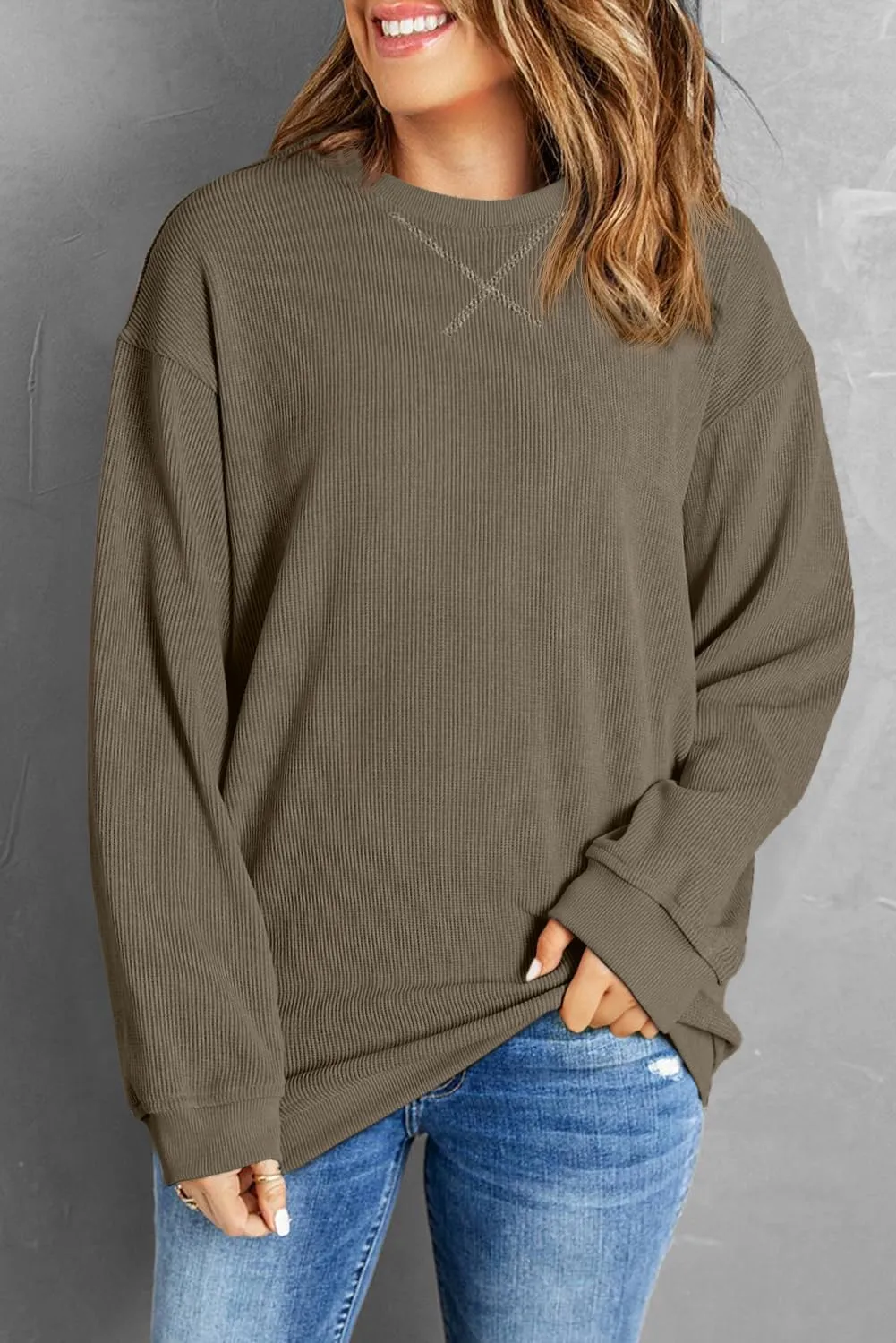 Womens Sweatshirts Casual Cored Corduroy Pullover Tops Oversized Long Sleeve Crewneck Shirts